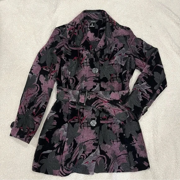 Ali Miles Floral Brocade Art  Belted Jacket, Womens S/P, Purple & Black - Picture 13 of 13